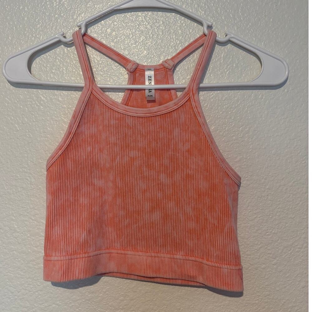 ZENANA Size S/M Mineral Washed Brami Bra-Cami Coral Orange/Pink Crop Top